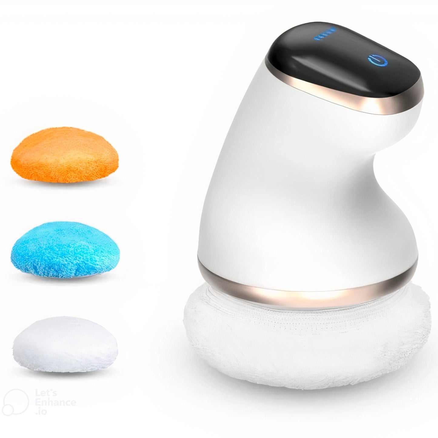 Appareil Bodysculpte compact pour modelage corporel et raffermissement de la peau, avec design ergonomique et commande tactile, accompagner de 3 coussins orange, bleu et blanc.