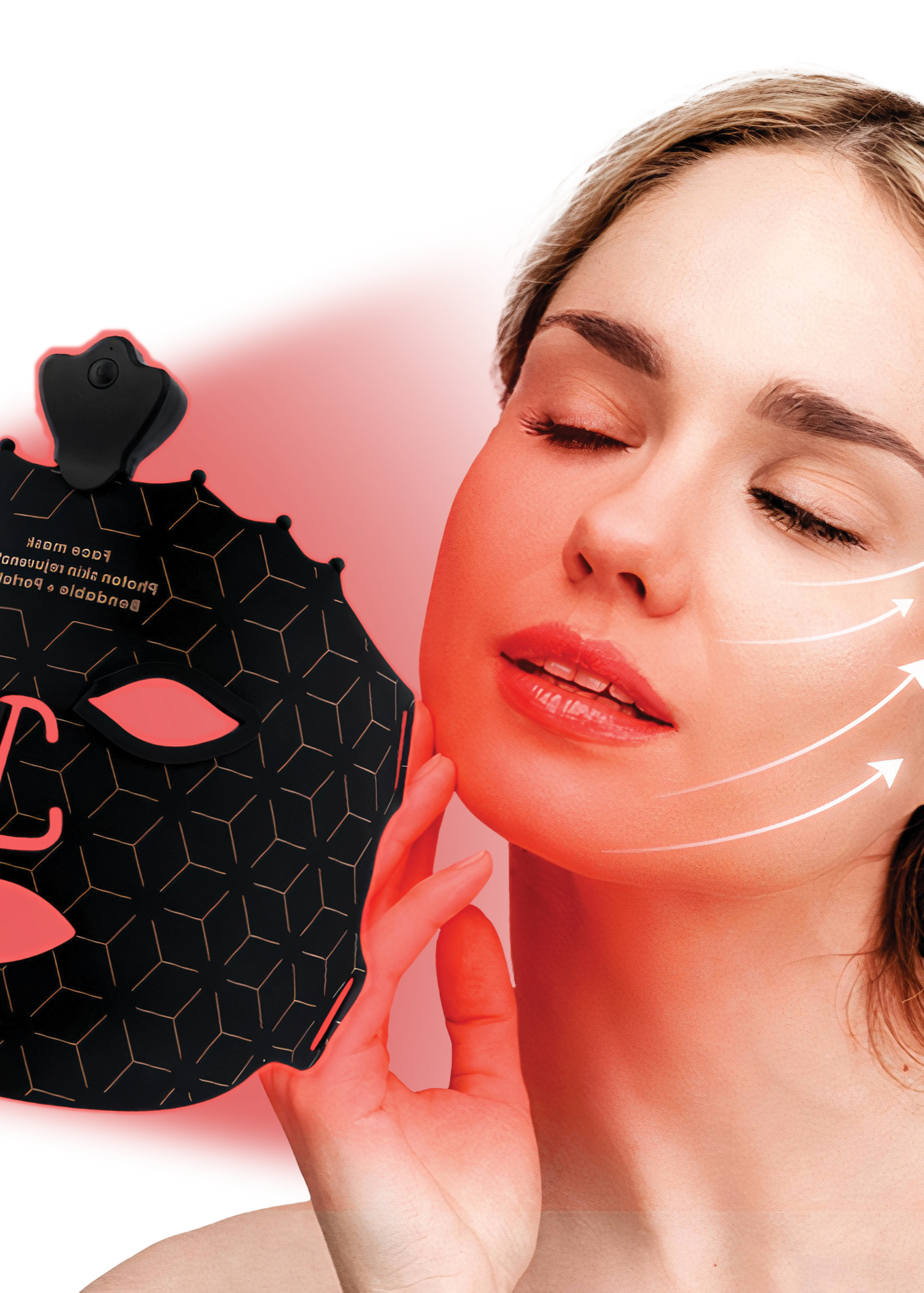 Femme au visage apaisé grâce à la lumière rouge du masque de luminothérapie NewFace, favorisant la production de collagène, la réduction des rides et l'éclat naturel de la peau