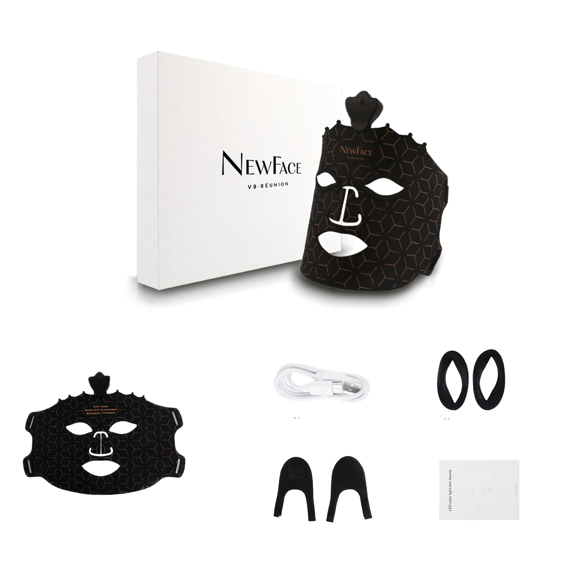Emballage du masque LED NewFace noir avec ses accessoires : câble de chargement USB, protections oculaires, sangle d’attache et manuel d’utilisation, pour soin anti-âge et luminothérapie visage