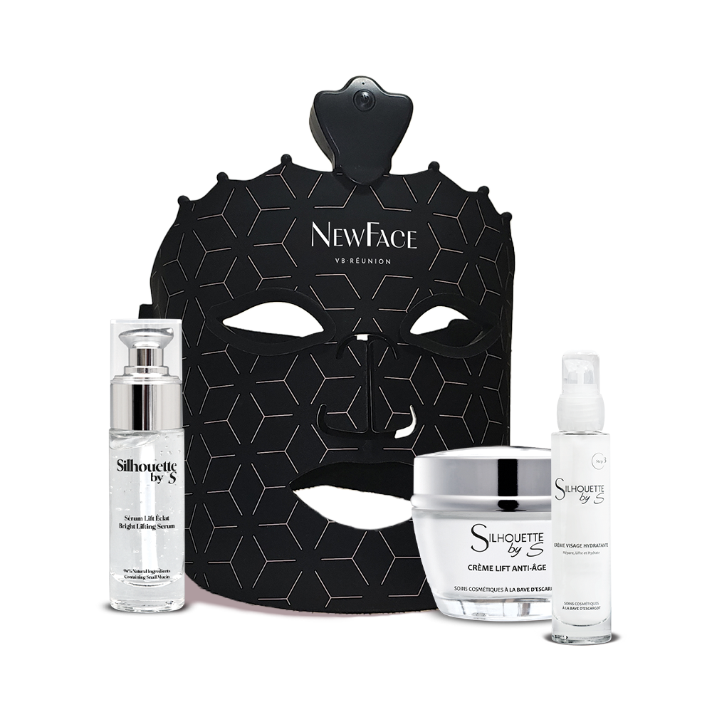 Masque LED NewFace avec soins Silhouette by S : sérum lift éclat, crème lift anti-âge et crème visage hydratante – appareil de soin du visage pour une peau éclatante et rajeunie.