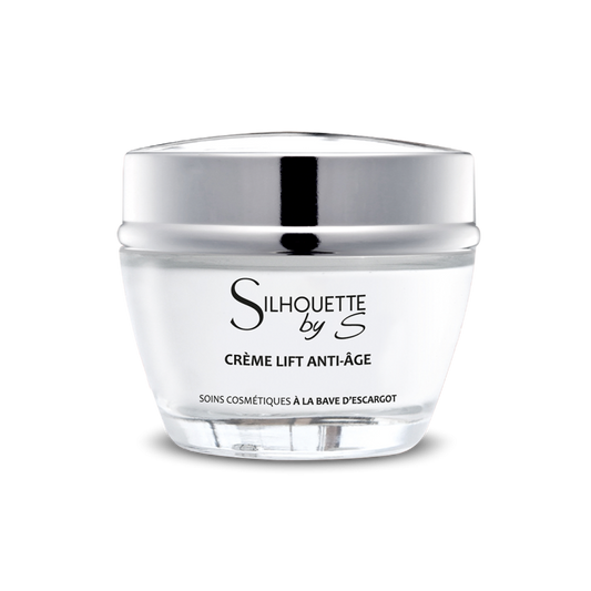 Pot de crème Lift Anti-Âge Silhouette by S, formulée à 99% d’ingrédients naturels dont la bave d'escargot, l’acide hyaluronique et le collagène hydrolysé. Cette crème visage anti-âge tonifie, lisse et raffermit la peau, aidant à réduire rides et ridules tout en illuminant le teint. Sa texture légère pénètre rapidement sans laisser de film gras, offrant un soin puissant et naturel pour une peau rajeunie et éclatante. Testée sous contrôle dermatologique, idéale pour tous types de peau