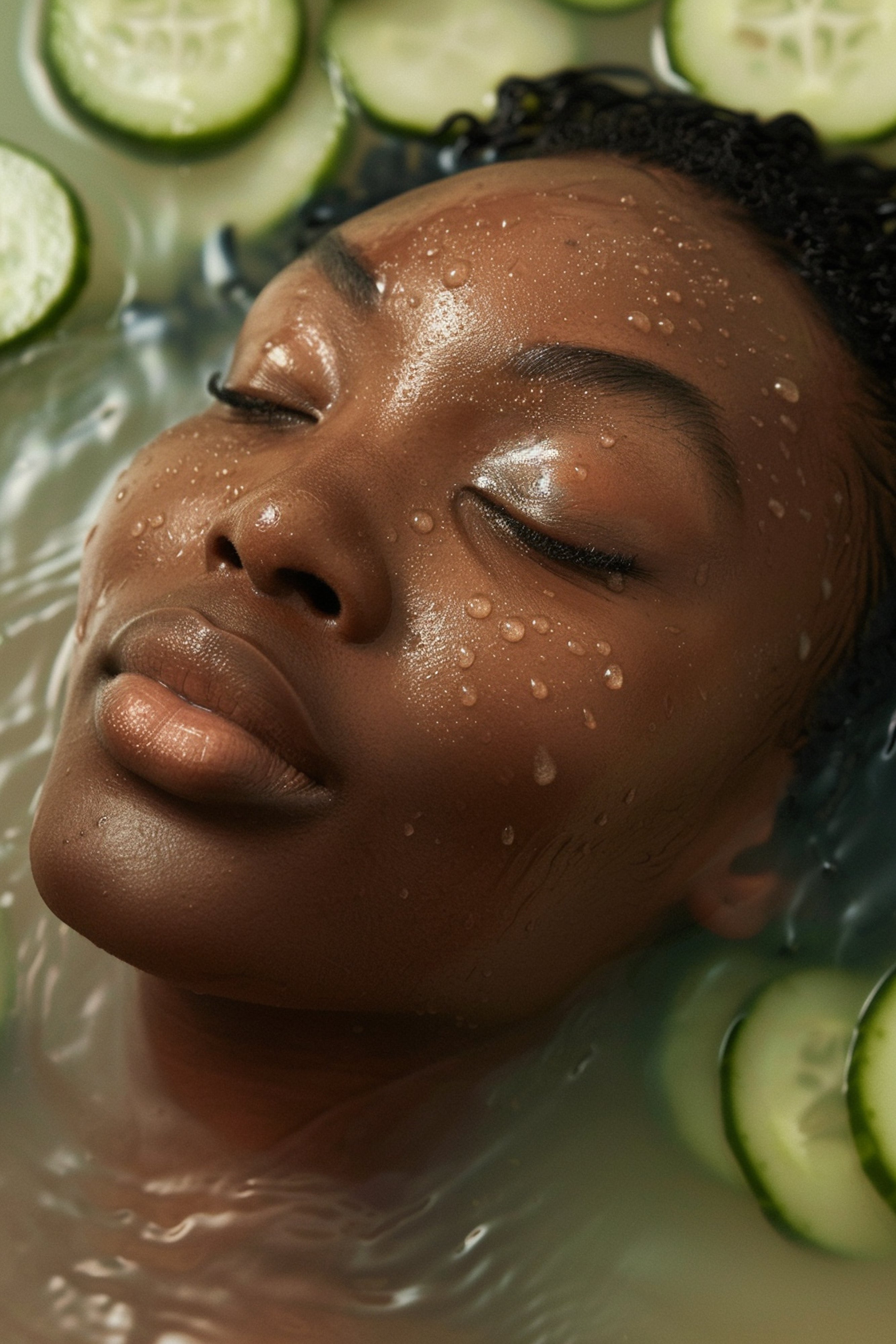 Visage radieux d'une femme noire dans un bain infusé au concombre, symbolisant détente et fraîcheur. Cette scène évoque les effets apaisants et hydratants des soins combinant luminothérapie et soins naturels pour revitaliser la peau