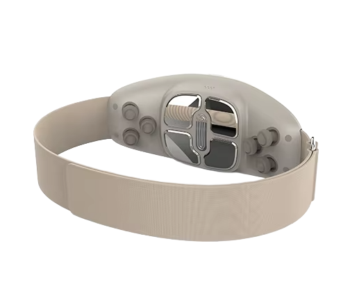 Vue arrière de la ceinture minceur BodySvelte mettant en évidence les zones de vibration, de chaleur et d’électrostimulation.