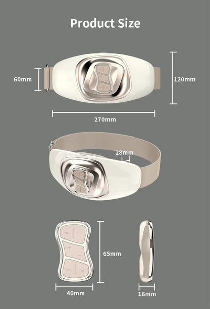 Schéma des dimensions de la ceinture minceur BodySvelte, indiquant la taille de l’appareil, de la sangle et de la télécommande.