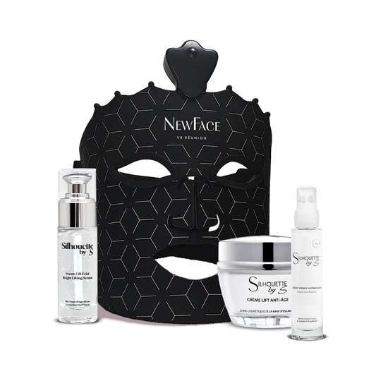 Masque LED NewFace avec soins Silhouette by S : sérum lift éclat, crème lift anti-âge et crème visage hydratante – appareil de soin du visage pour une peau éclatante et rajeunie.