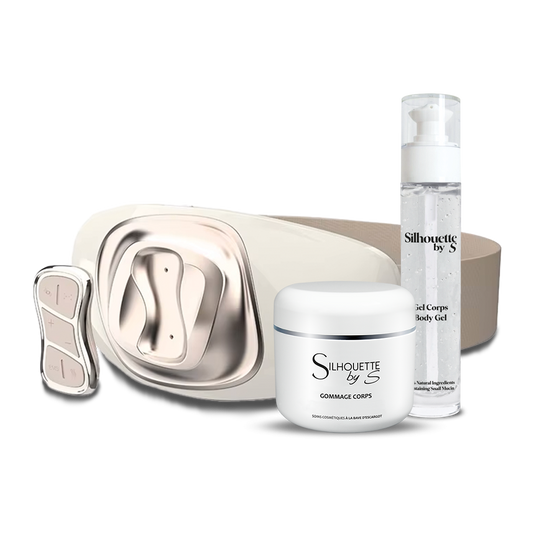 Pack Premium Svelte composé du Bodysvelte et de deux produits Silhouette by S : un gommage corps exfoliant aux grains naturels et bave d’escargot pour éliminer les cellules mortes, et un gel corps hydratant et tonifiant. Cette routine minceur complète aide à raffermir, lisser et tonifier la peau tout en réduisant l’aspect peau d’orange, pour une silhouette affinée et une peau éclatante