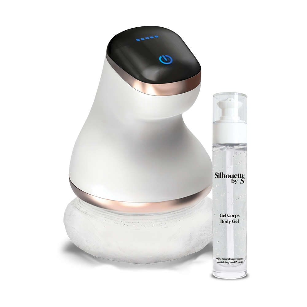 Appareil de massage rotatif pour le corps avec gel corps Silhouette by S, idéal pour le raffermissement de la peau et la réduction de l’aspect cellulite.