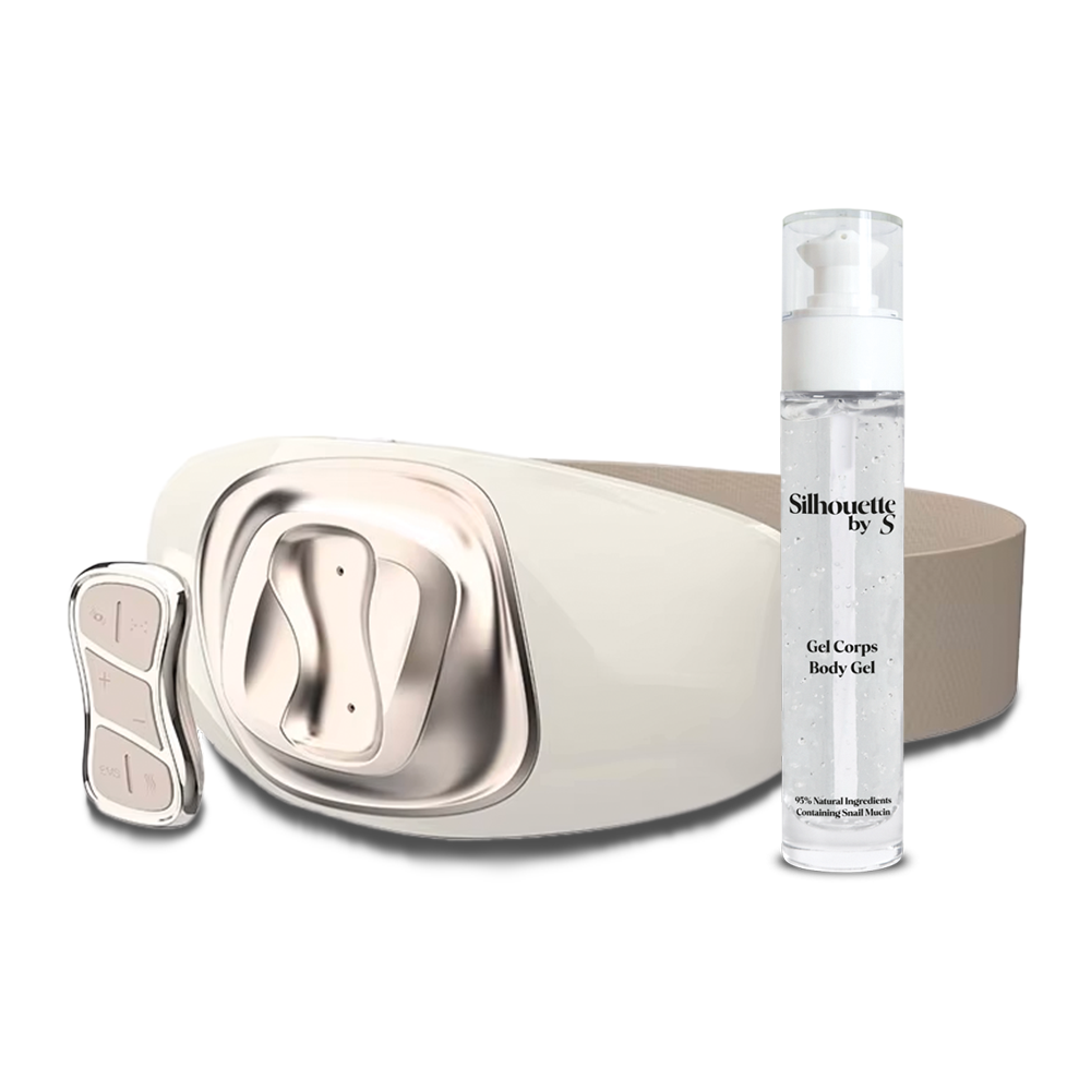 Ceinture minceur BodySvelte avec technologie EMS et chaleur, accompagnée du gel corps Silhouette by S à la bave d’escargot pour raffermir et lisser la peau.