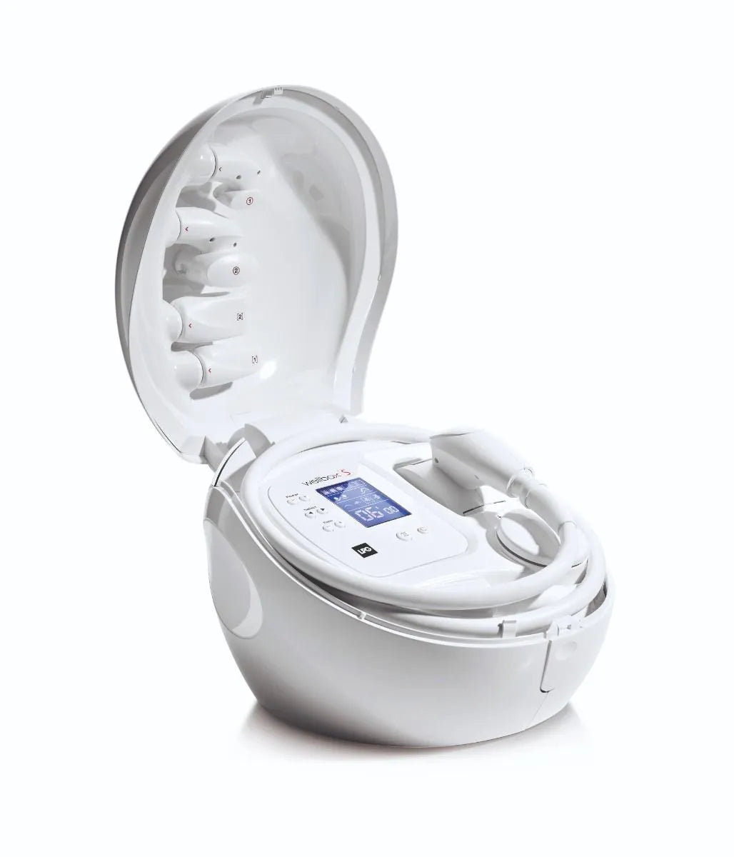 Appareil LPG Wellbox S, un appareil utilisé pour le massage minceur, remodelage corporel et soin beauté à domicile. L'appareil est ouvert vu de trois quart de face